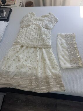 Ethnic Indian Wear Ivory & Gold Embroidered Lehenga Set